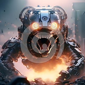 image of a cute horror robotic cyborg with maniacal smile and glowing eyes.