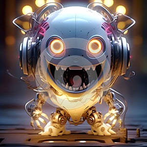 image of a cute horror robotic cyborg with maniacal smile and glowing eyes.