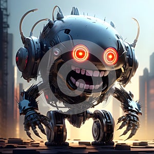 image of a cute horror robotic cyborg with maniacal smile and glowing eyes.