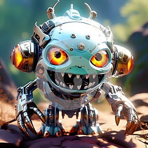 image of a cute horror robotic cyborg with maniacal smile and glowing eyes.