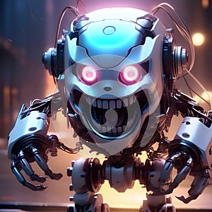 image of a cute horror robotic cyborg with maniacal smile and glowing eyes.