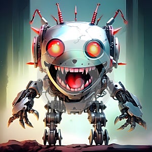 image of a cute horror robotic cyborg with maniacal smile and glowing eyes.