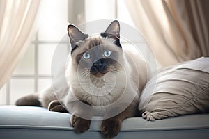 Image of cute siamese cat lying on sofa. Pet. animals. Illustration, Generative AI