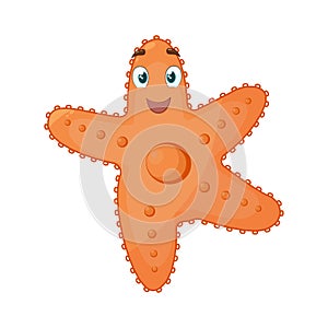 The image of a cute starfish. An emotional starfish. A cheerful smiling starfish. A funny children s character. Vector