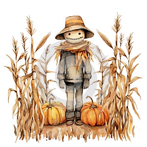 Cute watercolor scarecrown near pumpkins, illustration