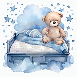 Cute watercolor teddy bear in blue bed boy illustration, teddy bears clipart