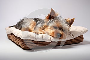 Image of cute yorkshire terrier dog lying on sleeping cushion. Pet. Animals.