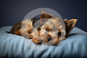 Image of cute yorkshire terrier dog lying on sleeping cushion. Pet. Animals. Illustration. Generative AI
