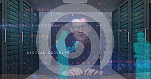 Image of cyber attack warning and data processing over male hacker and computer servers