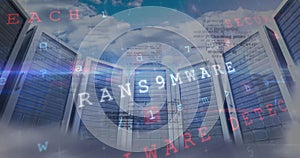 Image of cyber attack warning and data processing over server room