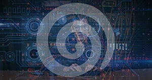 Image of cyber attack warning text and data processing over male hacker