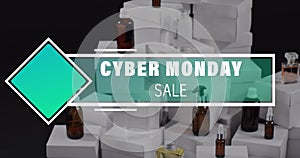 Image of cyber monday sale text over boxes and beauty products
