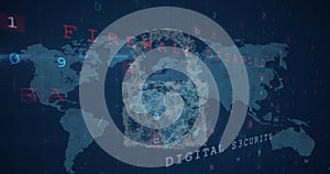 Image of cyber security concept icons and data processing against world map on blue background