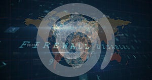 Image of cyber security concept icons and data processing against world map on blue background