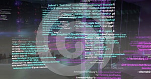 Image of cyber security data processing over computer server room against view of cityscape