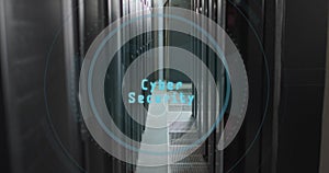 Image of cyber security text and digital data processing over computer servers