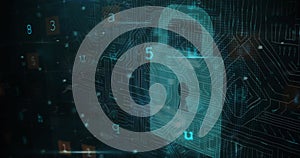 Image of cyberattack text, data processing over security padlock