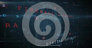 Image of cyberattack text, data processing over security padlock