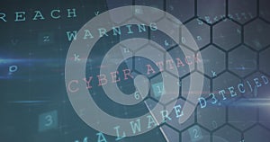 Image of cyberattack warning text and numbers changing over hexagons photo