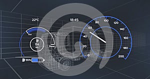 Image of 3d car model and speedometer over dark background