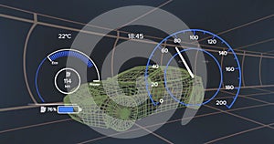 Image of 3d car model and speedometer over dark background