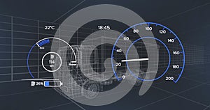 Image of 3d car model and speedometer over dark background