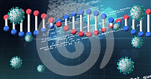Image of 3d dna, virus with data processing on digital interface