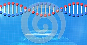 Image of 3d dna, virus with graphs, infographic data processing on digital interface