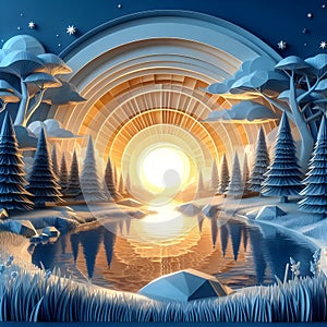 image of a 3D paper sculpture of a serene kinkade-style night scene.