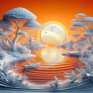 image of a 3D paper sculpture of a serene kinkade-style night scene.