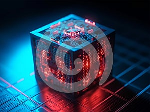 3d rendered cube of binary data glowing with red color on computer circuit board, digital cube encoder technology, generative AI