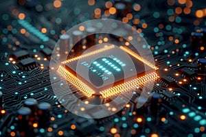 Image 3D rendering of AI chipset on a computer circuit board