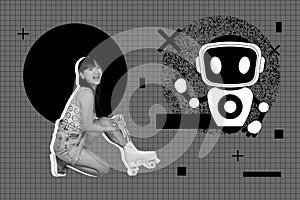 Image 3d zine vertical collage of happy girl stand robot gpt chat helper bot prompt technology artificial intellect photo