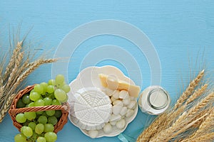 image of dairy products and fruits. Symbols of jewish holiday - Shavuot