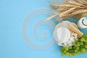 image of dairy products and fruits. Symbols of jewish holiday - Shavuot