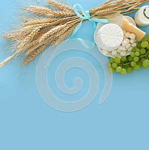 image of dairy products and fruits. Symbols of jewish holiday - Shavuot