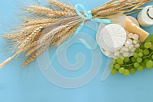 image of dairy products and fruits. Symbols of jewish holiday - Shavuot