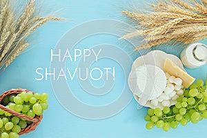 image of dairy products and fruits. Symbols of jewish holiday - Shavuot