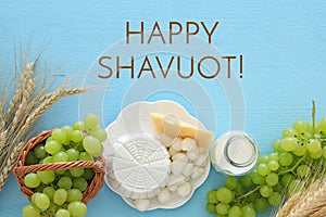 image of dairy products and fruits. Symbols of jewish holiday - Shavuot