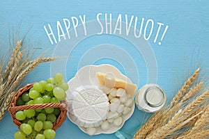 image of dairy products and fruits. Symbols of jewish holiday - Shavuot