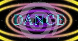 Image of dance text and colourful shapes over digital tunnel