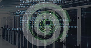 Image of data coding and circular scanner over server room