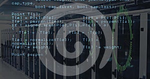 Image of data coding and circular scanner over server room