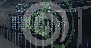 Image of data coding and circular scanner over server room