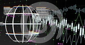 Image of data, graphs and globe on black background