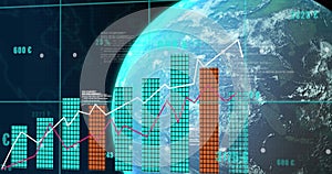 Image of data, graphs and globe on black background