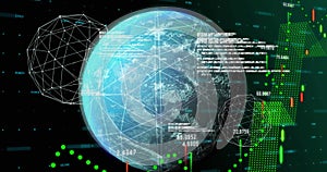 Image of data, graphs and globe on black background
