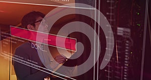 Image of data over asian male it engineer with clipboard by computer server