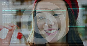 Image of data processing against close up of a caucasian woman holding a cherry photo
