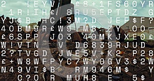 Image of data processing against hydraulic lifting machine with claw attachment at junkyard